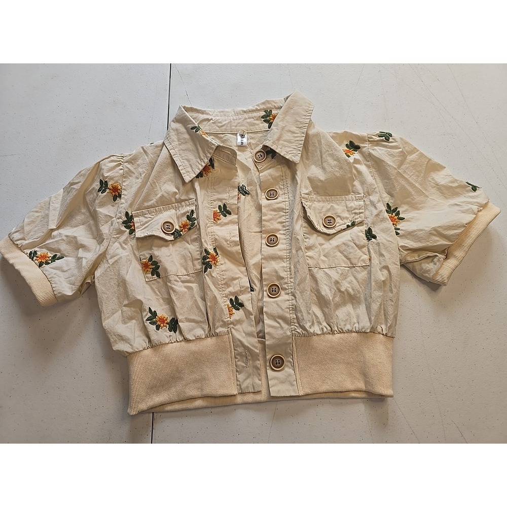 Floral Cropped Jacket Short Sleeve Top Women's Large L Hippie Retro Khaki Yellow